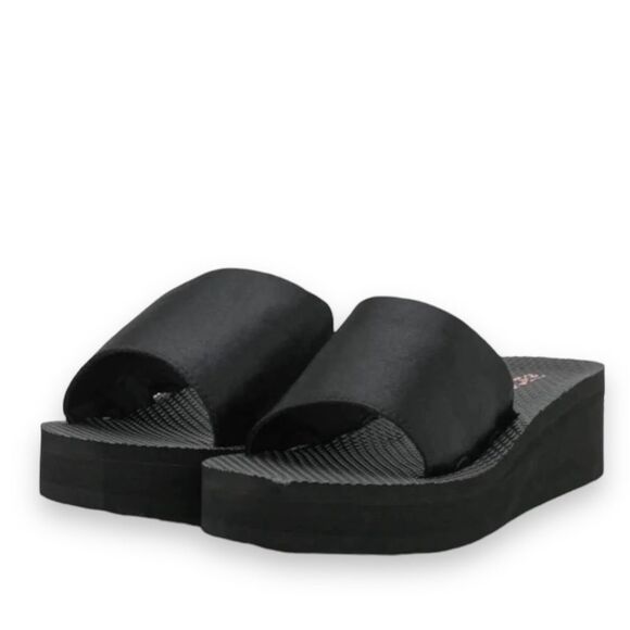 Black Satin Wide Strap Open Toe Slip-Ons Wedge Sandals NEW - Picture 3 of 4